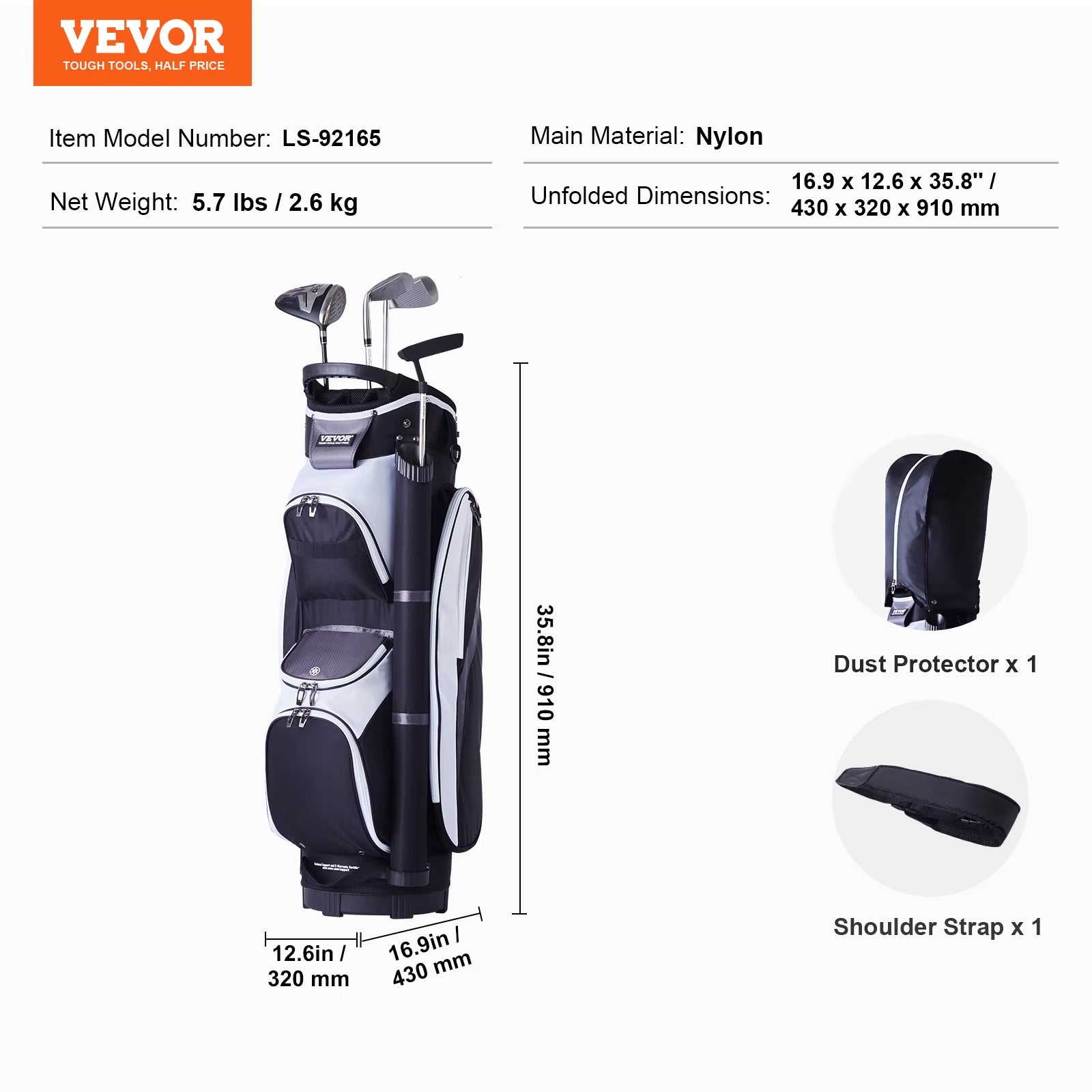 VEVOR Golf Cart Bag 36” Multiple Pockets Premium Nylon Cart Bag Durable Golf Bags for Men Women Black Color-Block 5.7Lbs / 2.6Kg