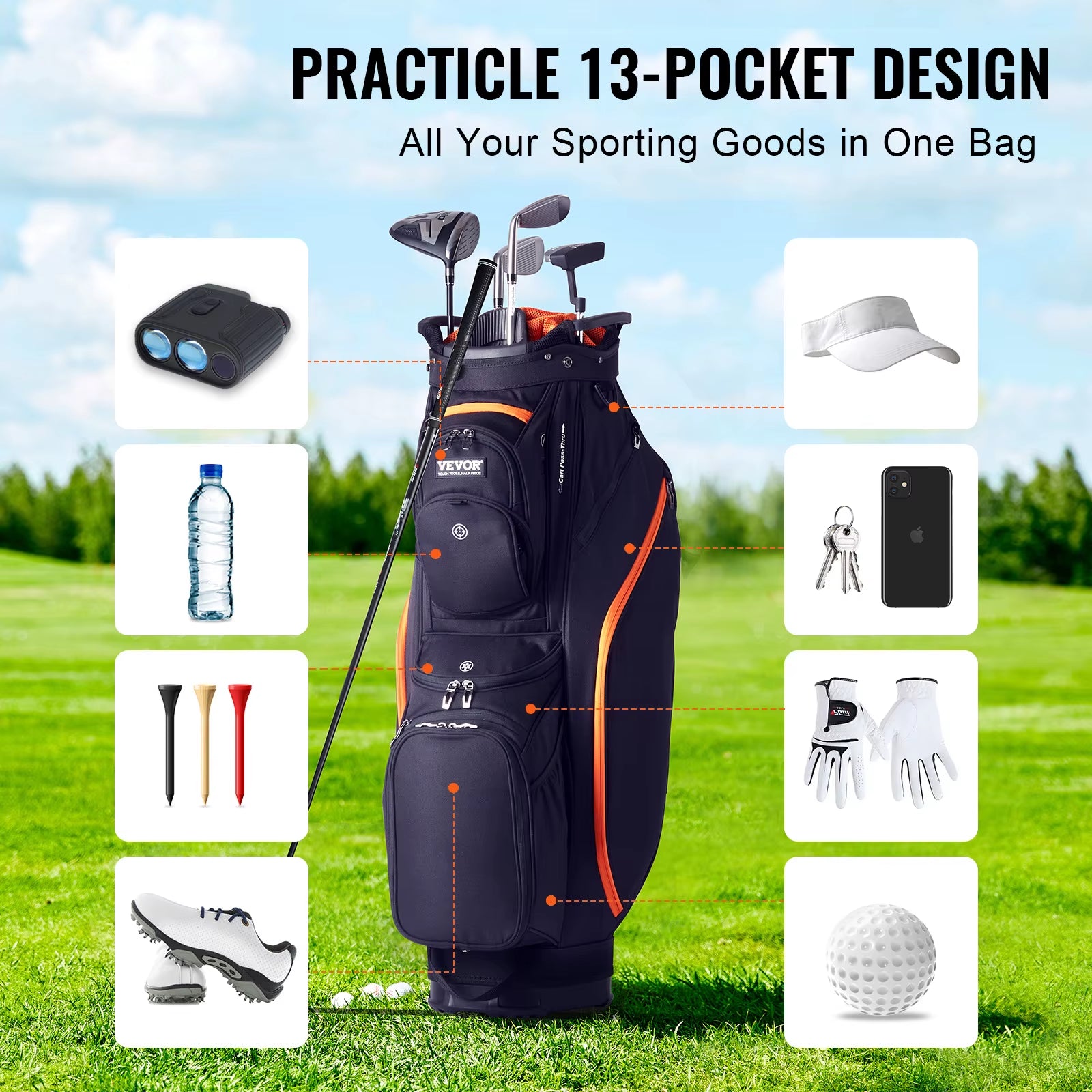 VEVOR Golf Cart Bag with 14 Way Organizer Divider Top 36” 13 Pockets Premium Cart Bag Durable for Men & Women, Black & Orange