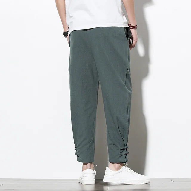 Loose-Fit Cotton Linen Cuffed Joggers for Men