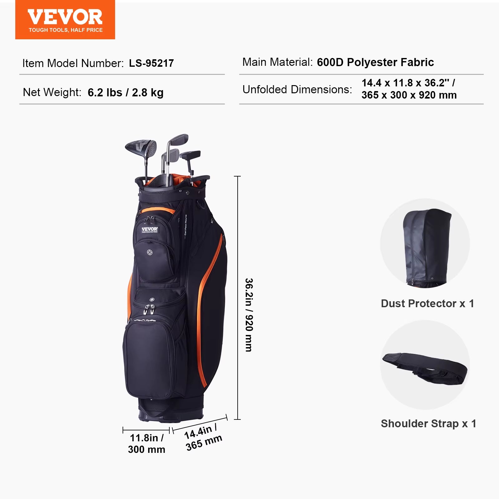 VEVOR Golf Cart Bag with 14 Way Organizer Divider Top 36” 13 Pockets Premium Cart Bag Durable for Men & Women, Black & Orange