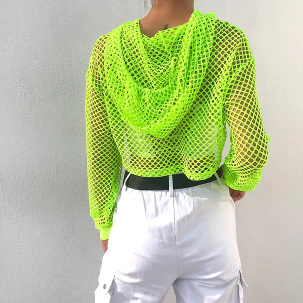 Casual Oversize Fishnet Crop Hoodie Tank Top for Women