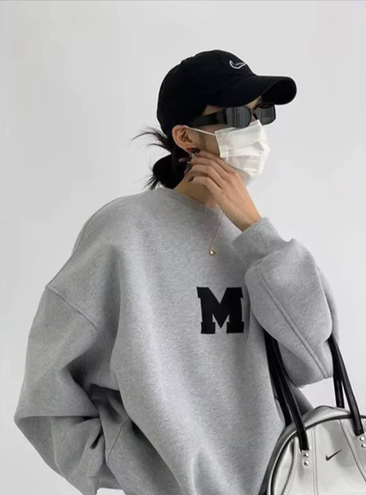 MEXZT Streetwear Y2K Oversized Fleece Sweatshirt with Letter Print