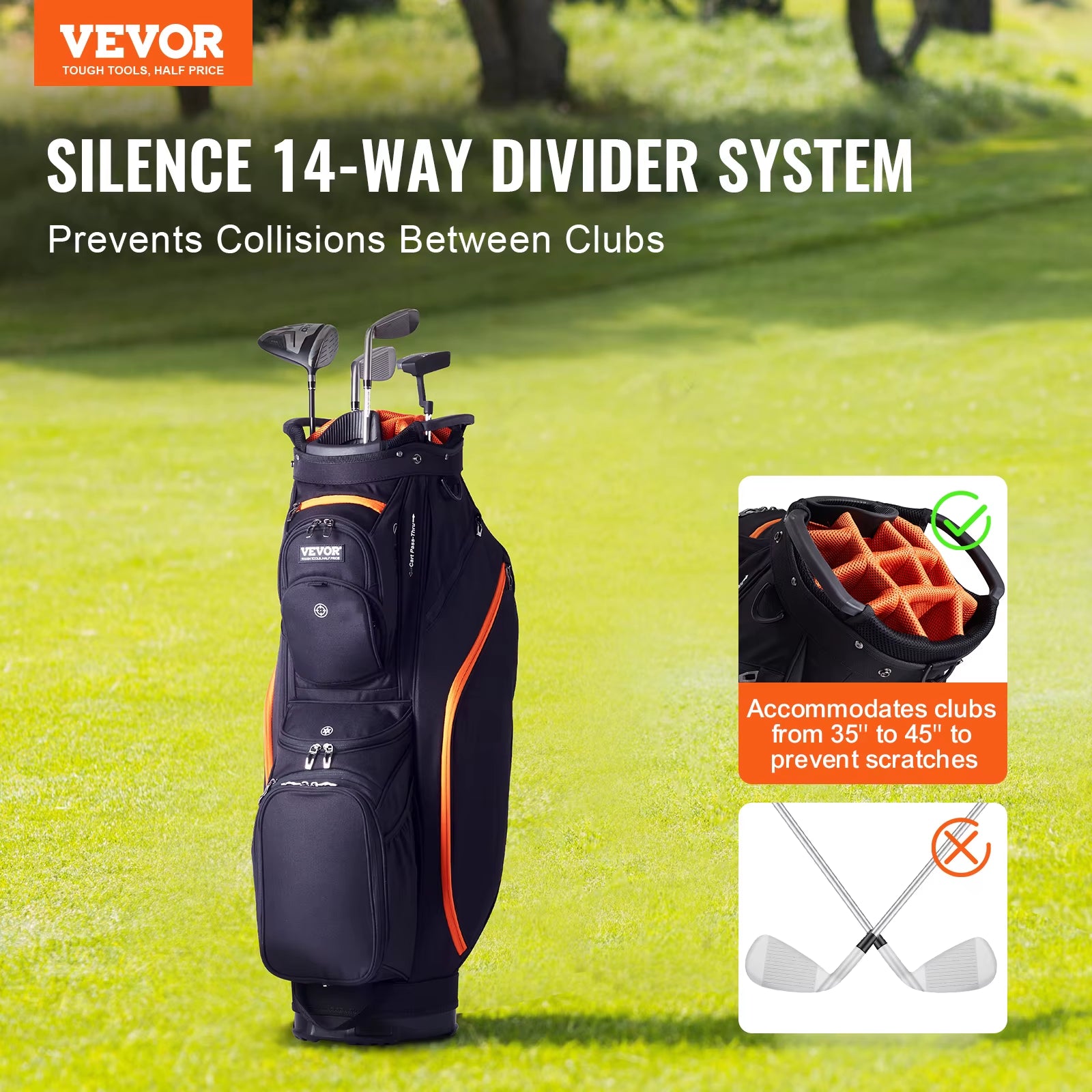 VEVOR Golf Cart Bag with 14 Way Organizer Divider Top 36” 13 Pockets Premium Cart Bag Durable for Men & Women, Black & Orange