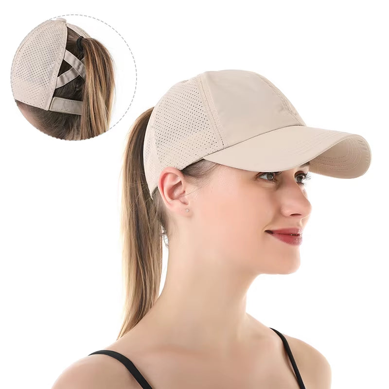 Summer Solid Color Baseball Caps Golf Wear Women Sport Leisure Cross Ponytail Hat Mesh Quick-Drying Half-Hollow Men'S Peaked Cap