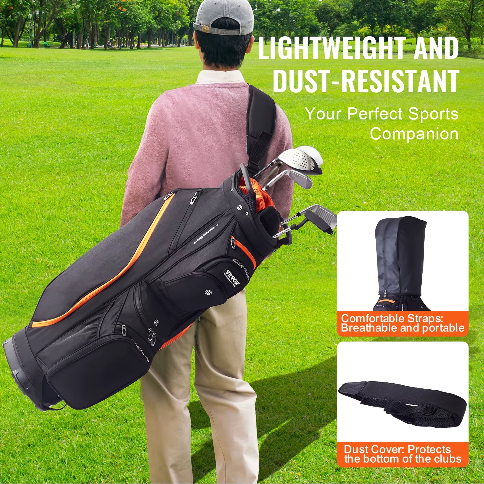 VEVOR Golf Cart Bag with 14 Way Organizer Divider Top 36” 13 Pockets Premium Cart Bag Durable for Men & Women, Black & Orange