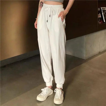 Korean Style Loose White High-Waist Joggers for Women