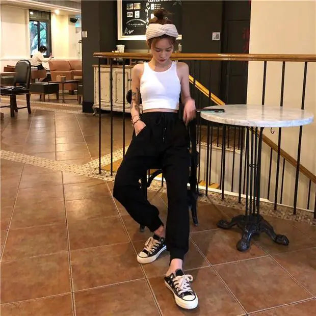 Korean Style Loose White High-Waist Joggers for Women
