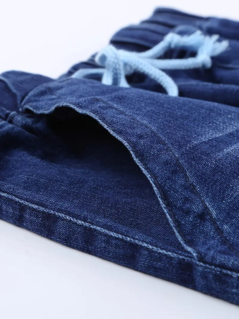 Distressed Stretchy Denim Joggers with Drawstring