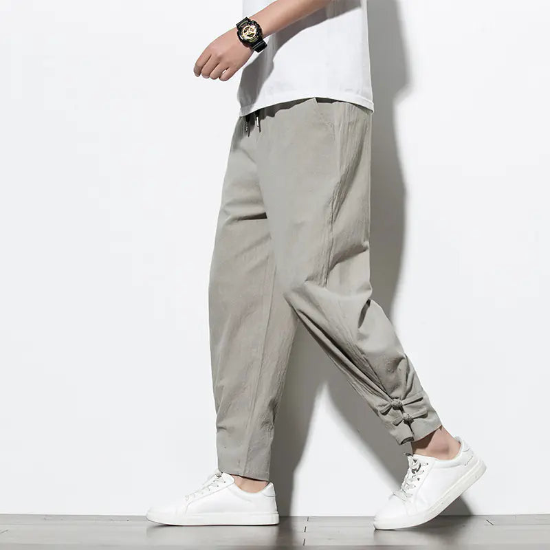 Loose-Fit Cotton Linen Cuffed Joggers for Men
