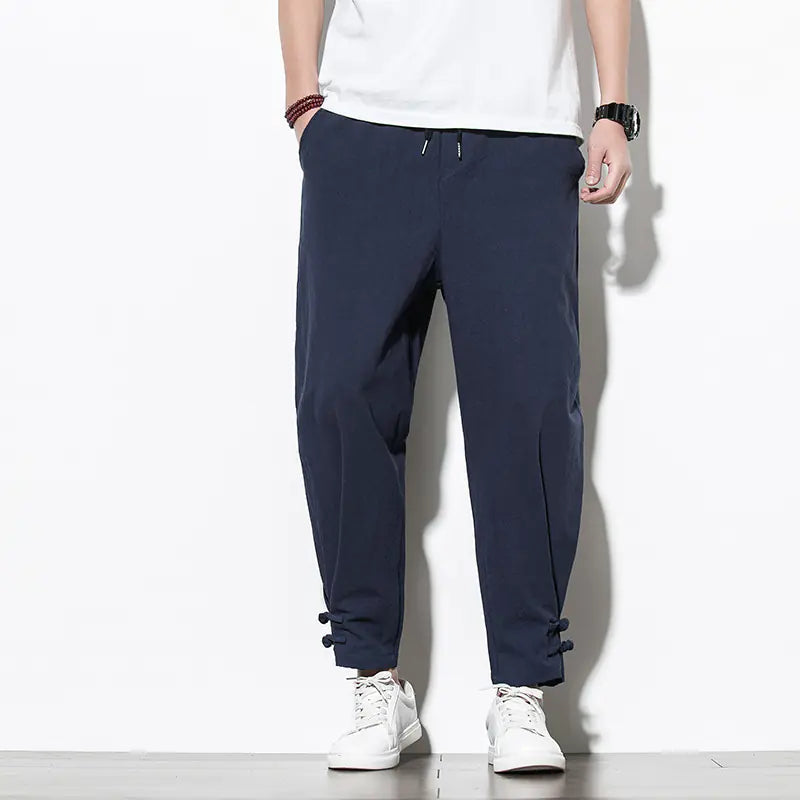Loose-Fit Cotton Linen Cuffed Joggers for Men