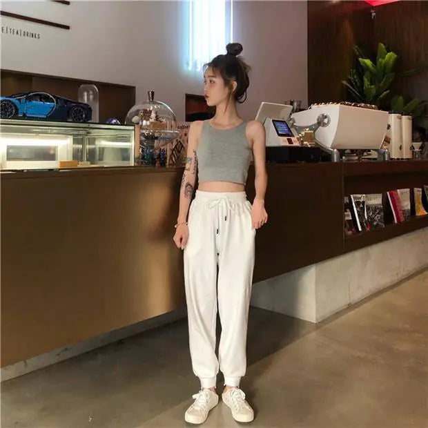 Korean Style Loose White High-Waist Joggers for Women