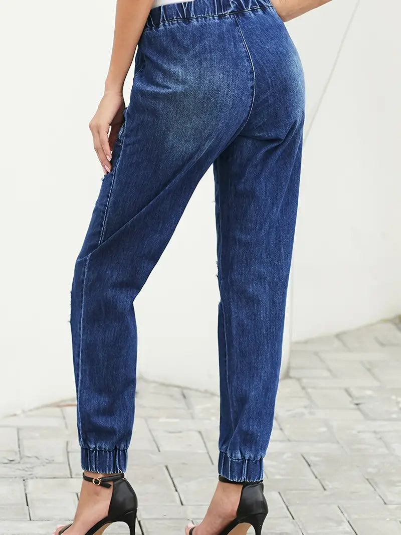Distressed Stretchy Denim Joggers with Drawstring