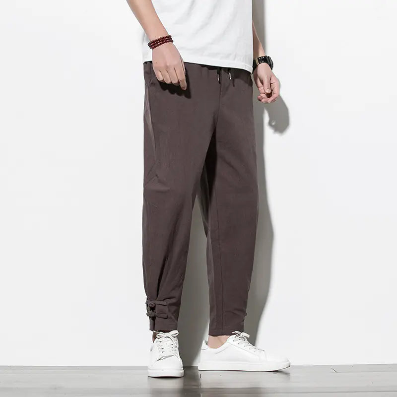 Loose-Fit Cotton Linen Cuffed Joggers for Men