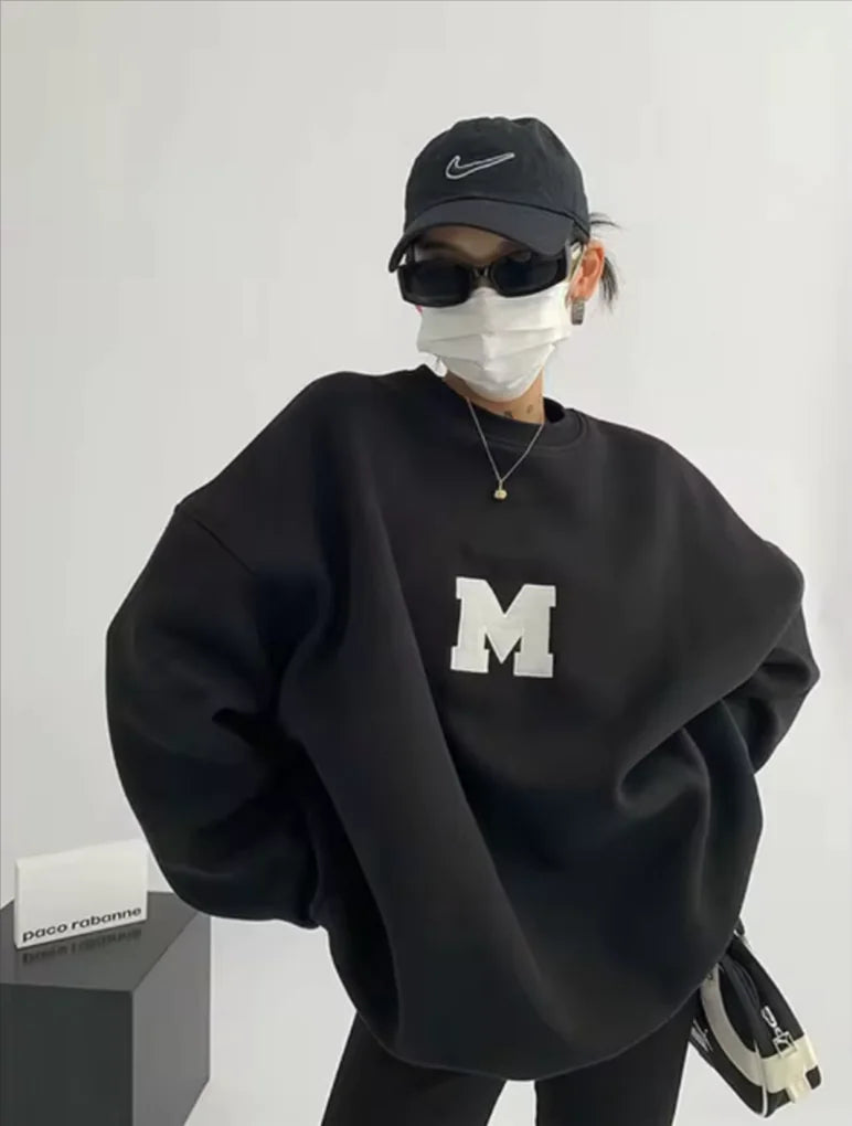 MEXZT Streetwear Y2K Oversized Fleece Sweatshirt with Letter Print