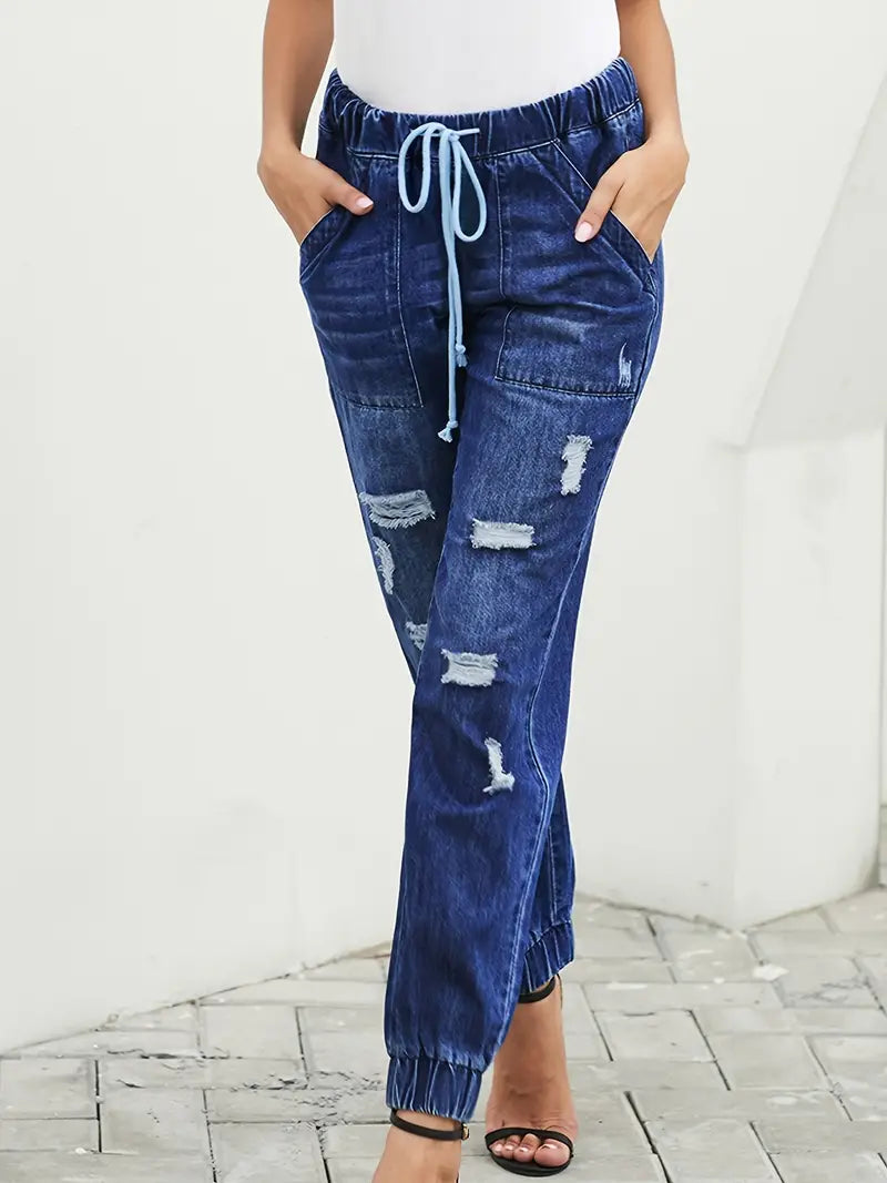 Distressed Stretchy Denim Joggers with Drawstring