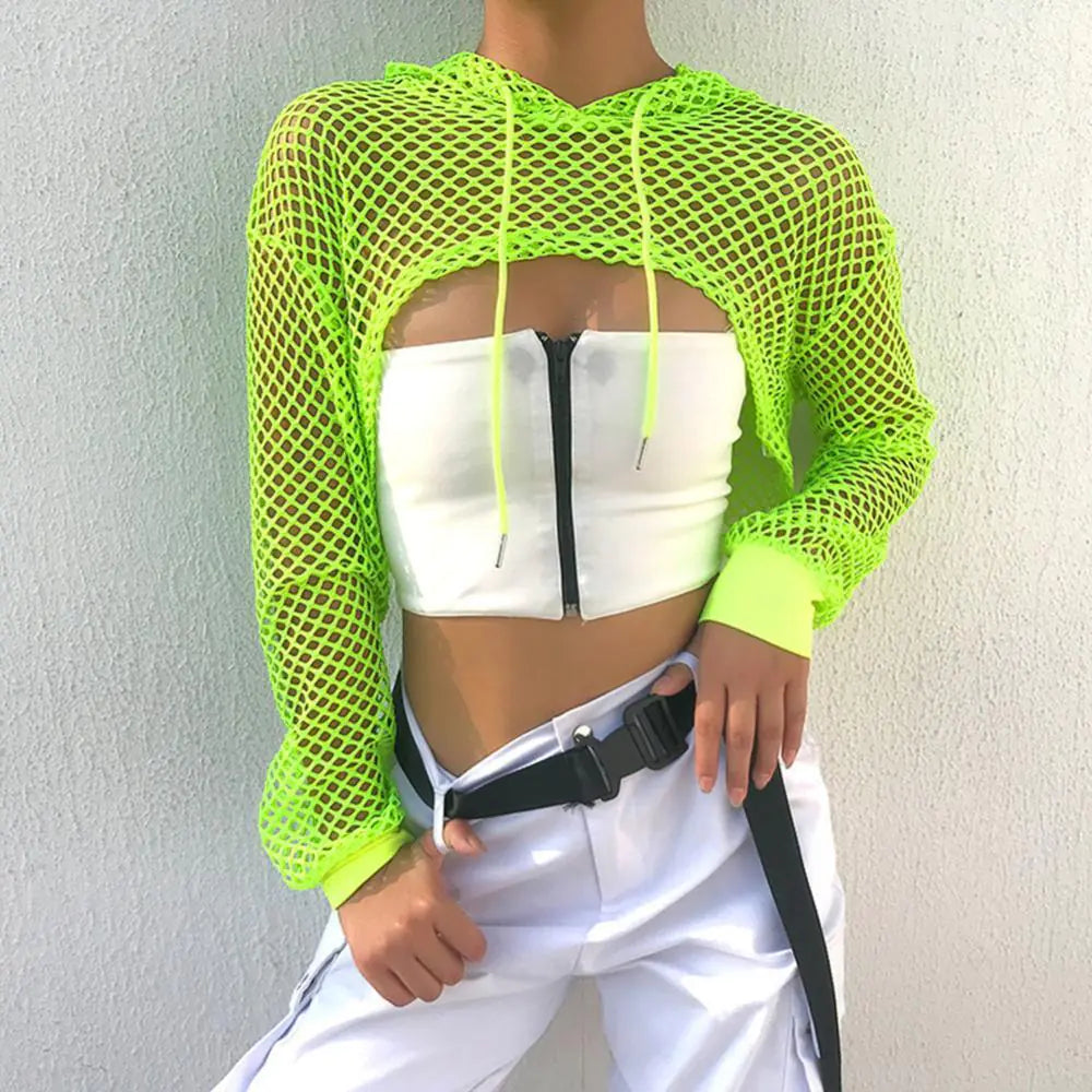 Casual Oversize Fishnet Crop Hoodie Tank Top for Women