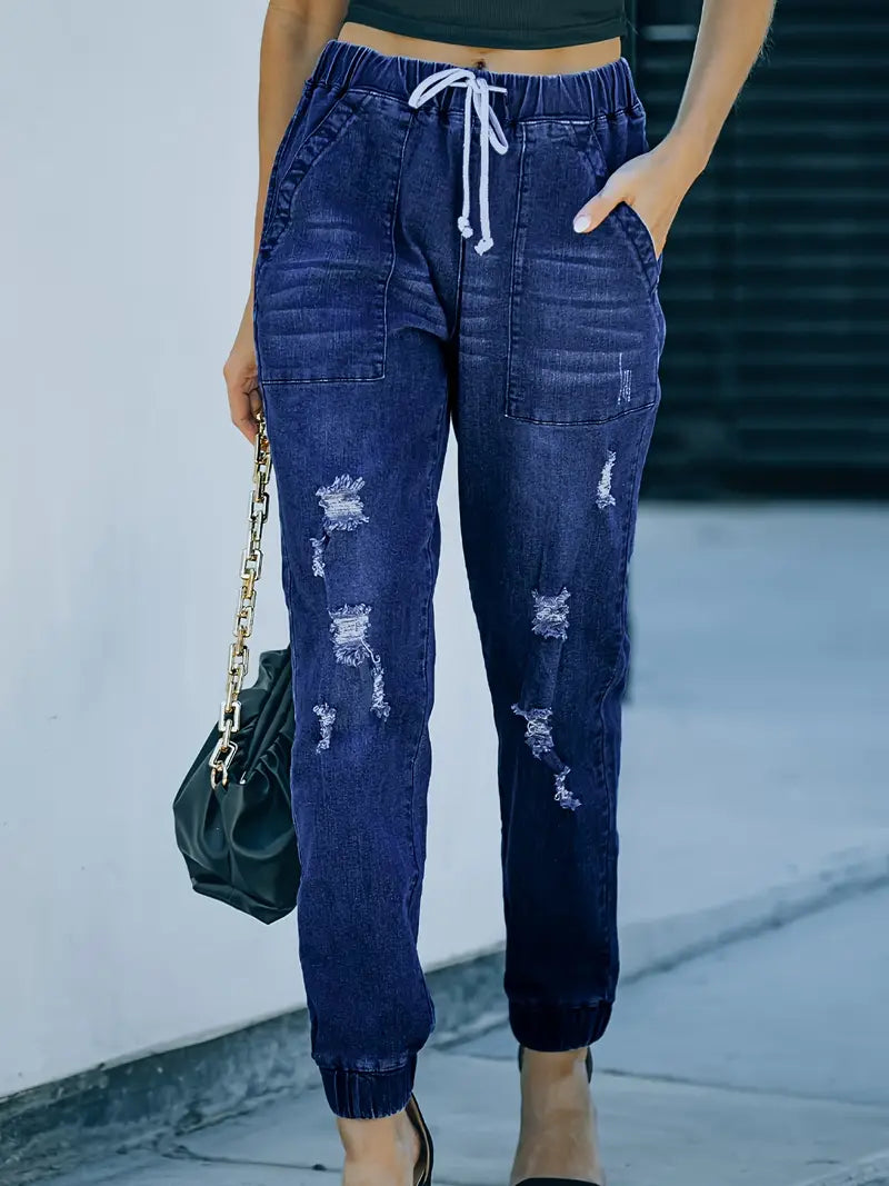 Distressed Stretchy Denim Joggers with Drawstring