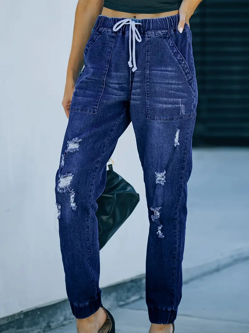 Distressed Stretchy Denim Joggers with Drawstring