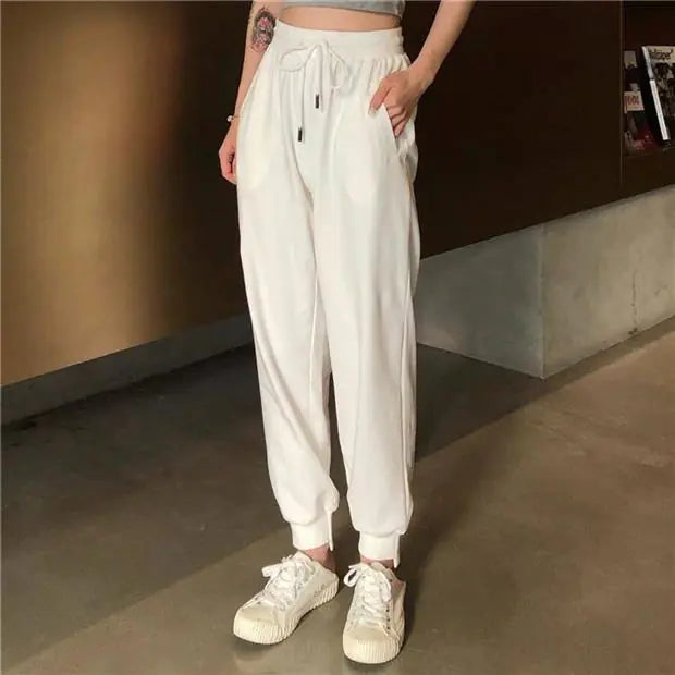 Korean Style Loose White High-Waist Joggers for Women