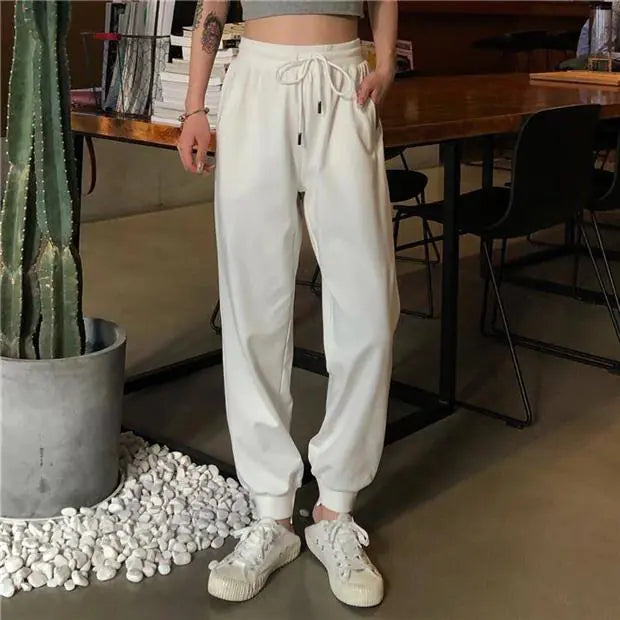 Korean Style Loose White High-Waist Joggers for Women