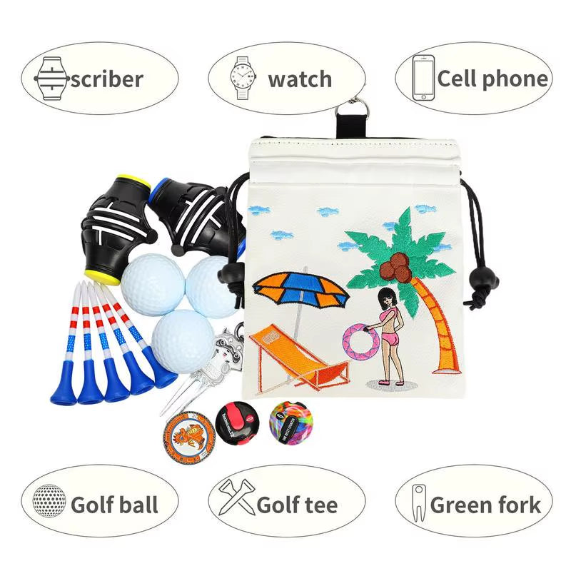 Golf Valuables Pouch Drawstring Golf Ball Organizer Bag Portable Golf Accessory Pouch with Metal Carabiner for Golf Balls Tees