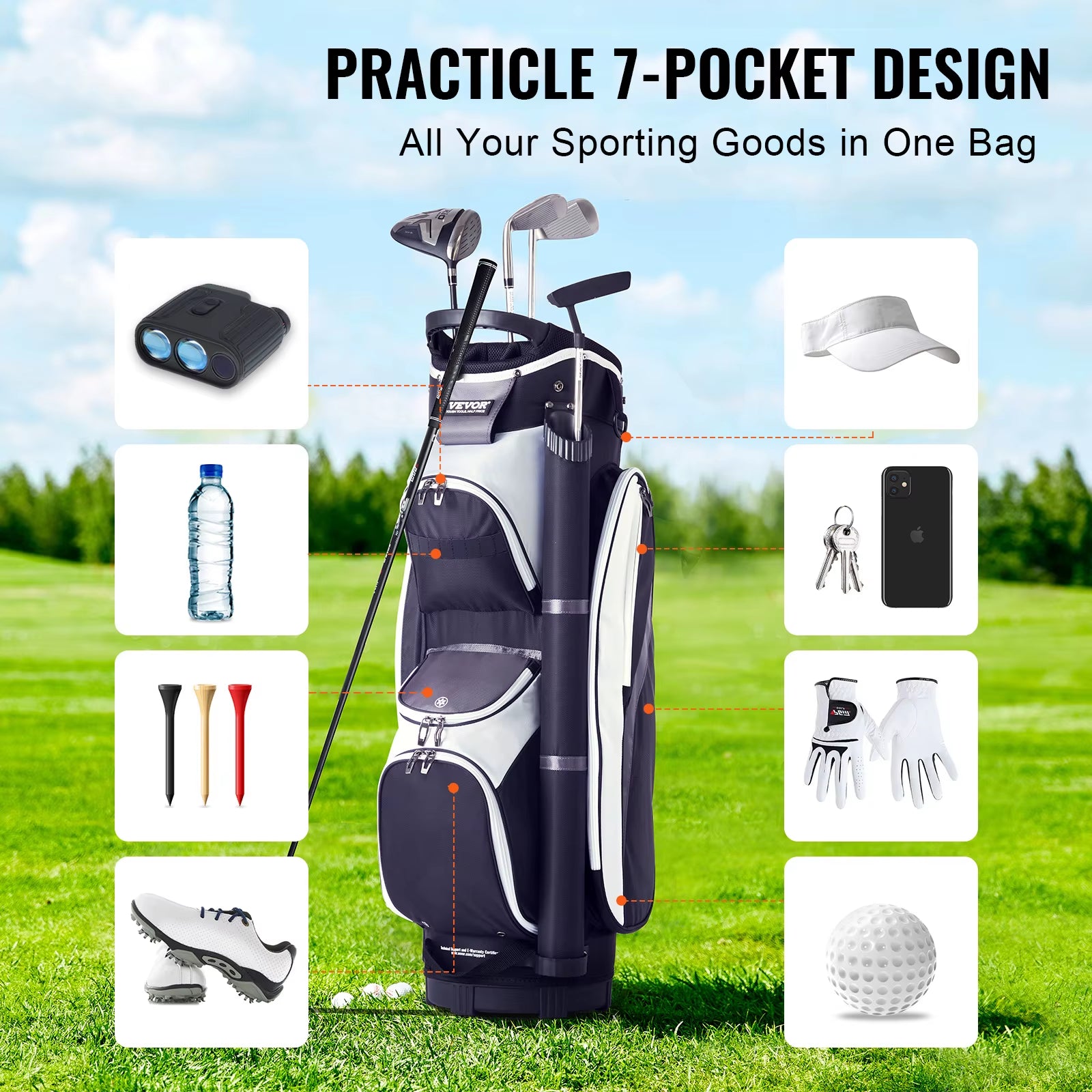 VEVOR Golf Cart Bag 36” Multiple Pockets Premium Nylon Cart Bag Durable Golf Bags for Men Women Black Color-Block 5.7Lbs / 2.6Kg