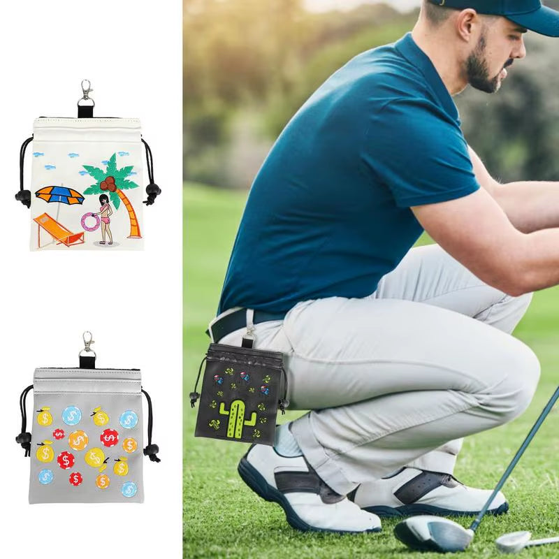 Golf Valuables Pouch Drawstring Golf Ball Organizer Bag Portable Golf Accessory Pouch with Metal Carabiner for Golf Balls Tees