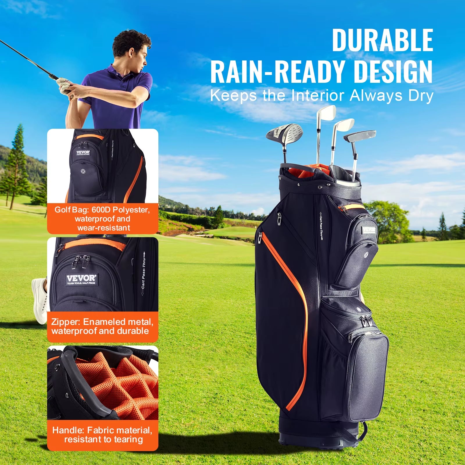 VEVOR Golf Cart Bag with 14 Way Organizer Divider Top 36” 13 Pockets Premium Cart Bag Durable for Men & Women, Black & Orange
