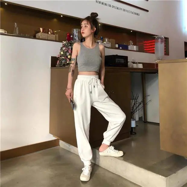 Korean Style Loose White High-Waist Joggers for Women