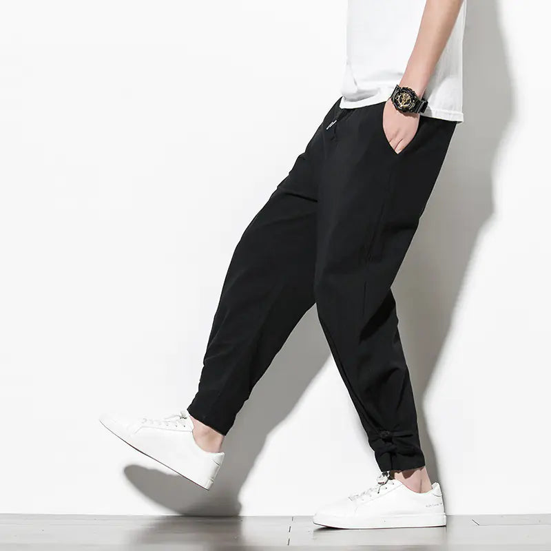 Loose-Fit Cotton Linen Cuffed Joggers for Men