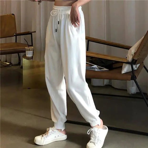 Korean Style Loose White High-Waist Joggers for Women