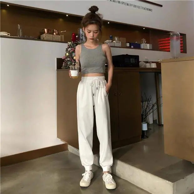 Korean Style Loose White High-Waist Joggers for Women