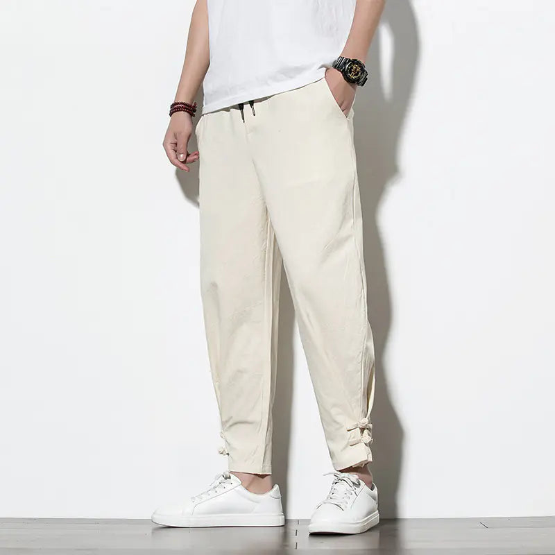 Loose-Fit Cotton Linen Cuffed Joggers for Men