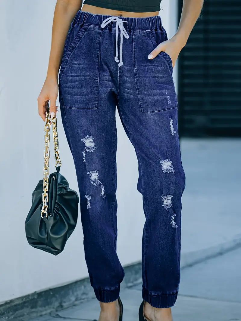 Distressed Stretchy Denim Joggers with Drawstring