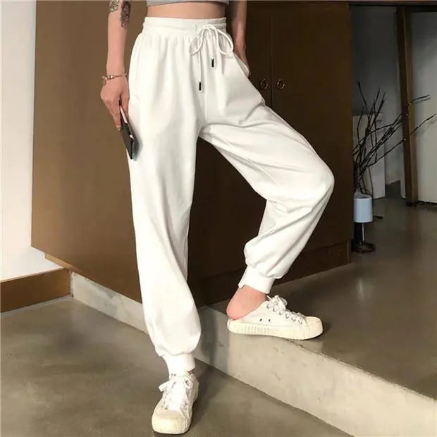 Korean Style Loose White High-Waist Joggers for Women