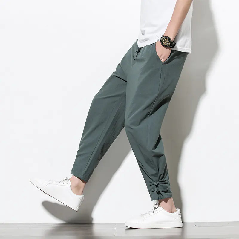 Loose-Fit Cotton Linen Cuffed Joggers for Men